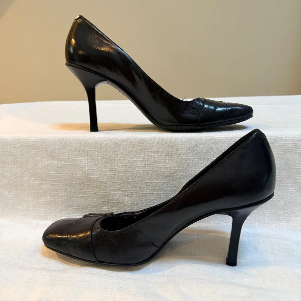 Bandolino Flawless Pumps 7M Black Leather Square Toe Buckle Stiletto Heels